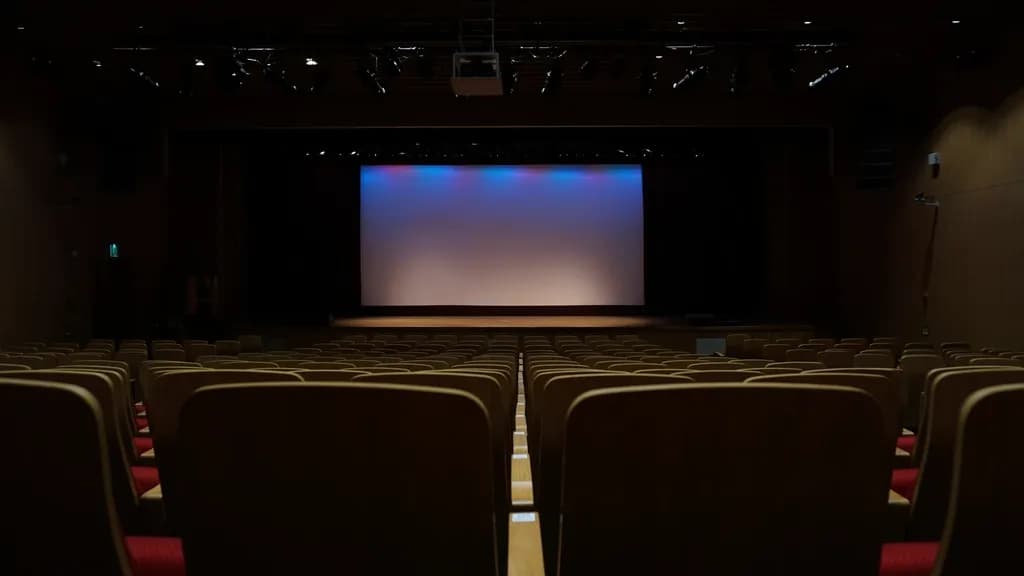O sală de cinema goală, văzută dinspre rândurile de scaune către ecran. (Foto ilustrativă: necunoscut / CC0 1.0, Openverse)