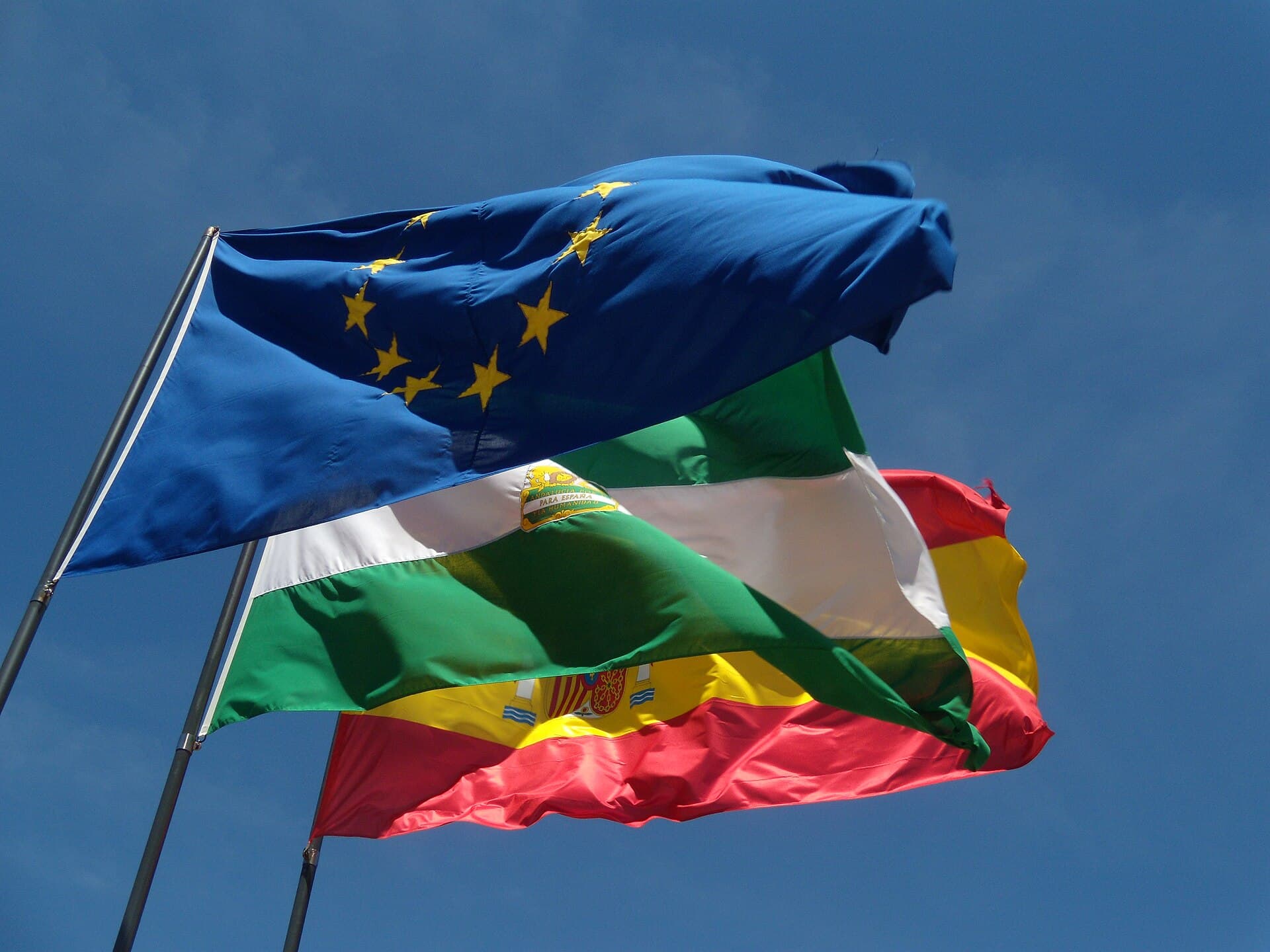Steaguri ale Uniunii Europene și ale altor țări, fluturând pe un cer senin. (Foto de arhivă: Grez / CC BY-SA 3.0, Wikimedia Commons)