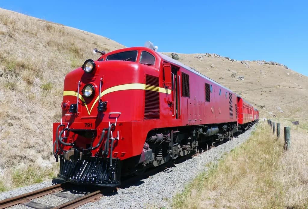 O locomotivă diesel roșie care circulă pe o cale ferată, într-o zonă de deal. (Foto ilustrativă: necunoscut / CC0 1.0, Openverse)