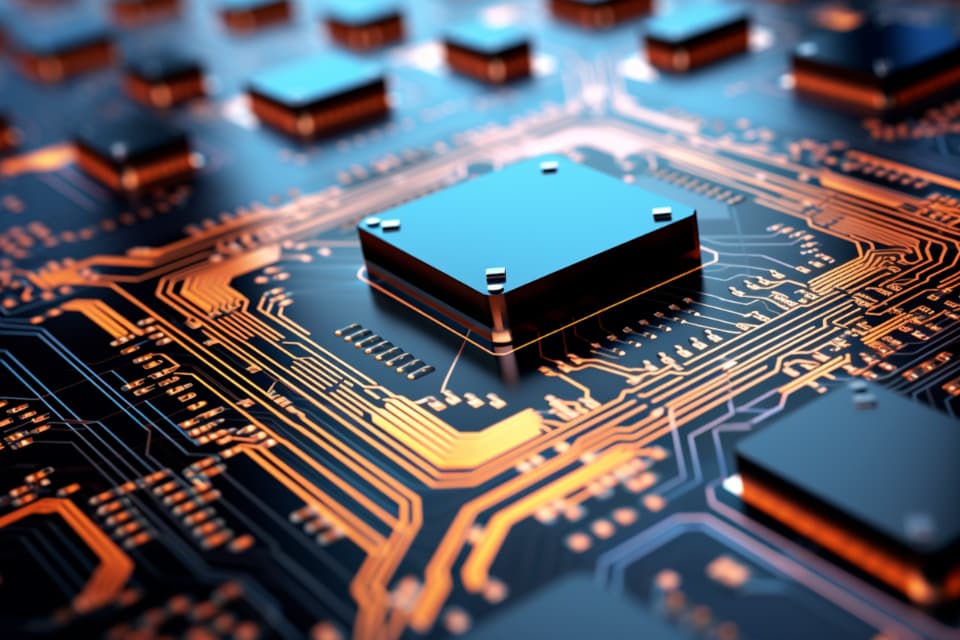 Un cip electronic central pe o placă de circuit imprimat, înconjurat de alte componente. (Foto ilustrativă: Altered Reality / CC0 1.0, Openverse)