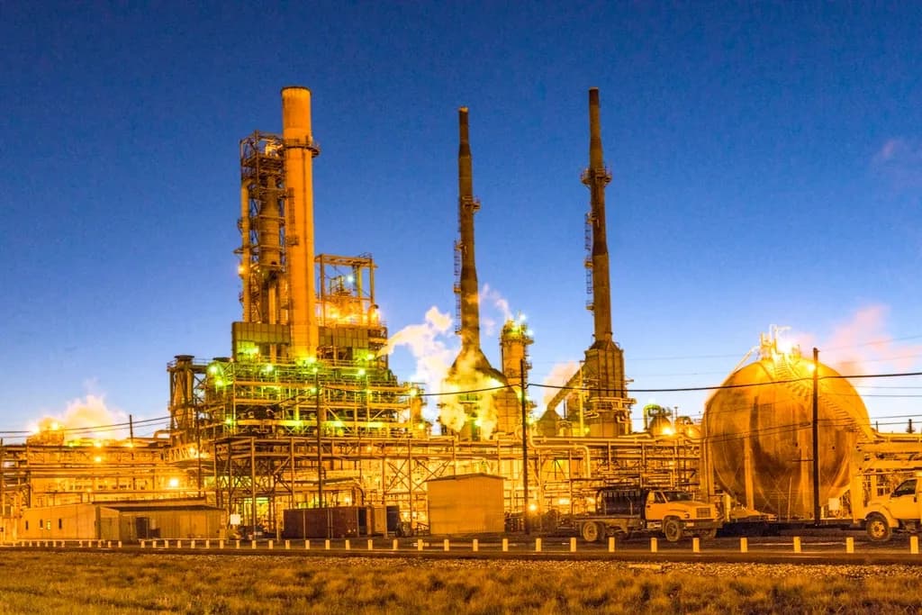 O rafinărie sau instalație industrială de procesare a combustibililor, fotografiată noaptea. (Foto ilustrativă: Carol M Highsmith / CC0 1.0, Openverse)