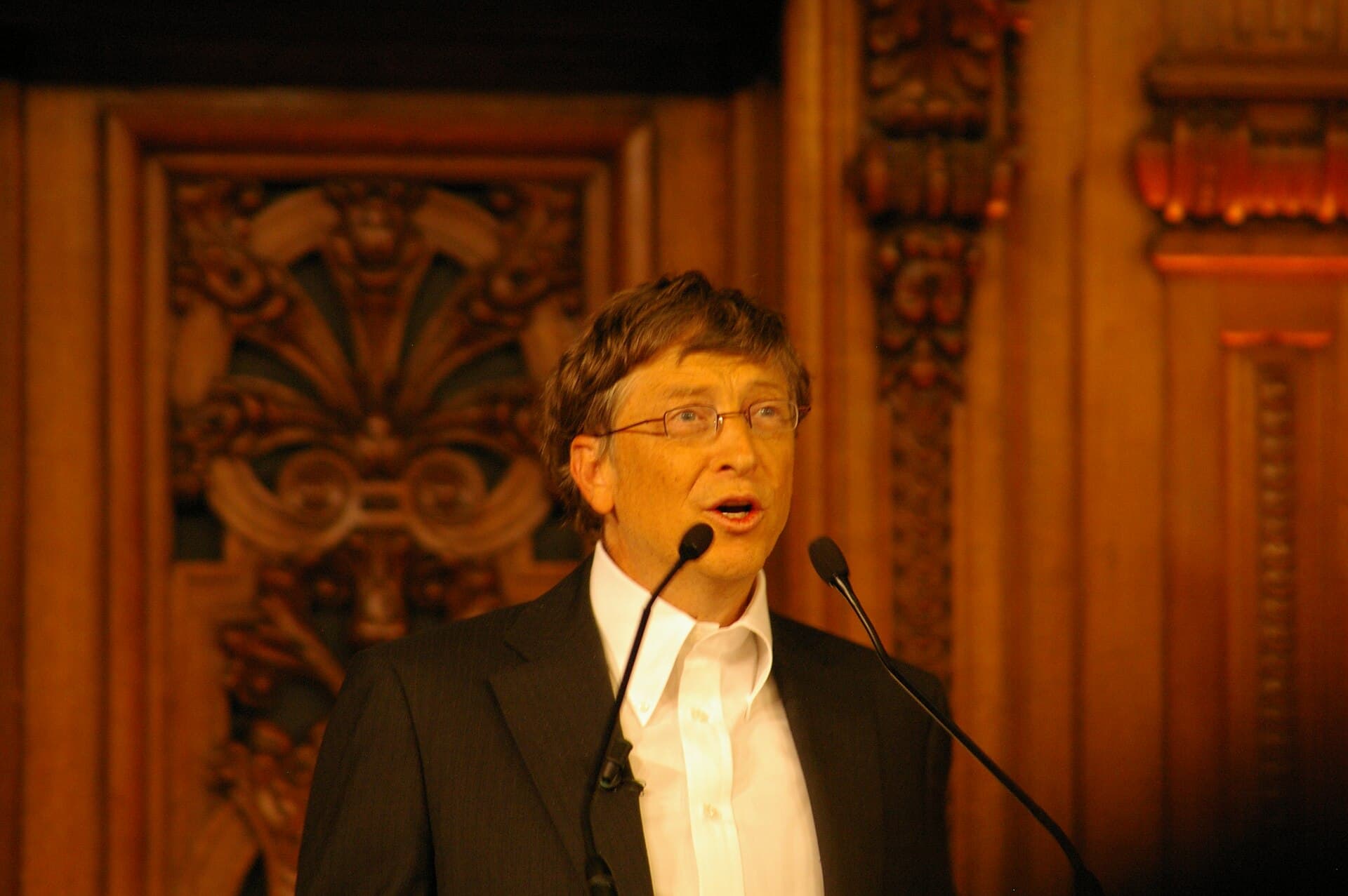Bill Gates vorbind la un microfon, în timpul unei prezentări sau al unui discurs. (Foto: Mathieu Sroussi / CC BY-SA 3.0, Wikimedia Commons)