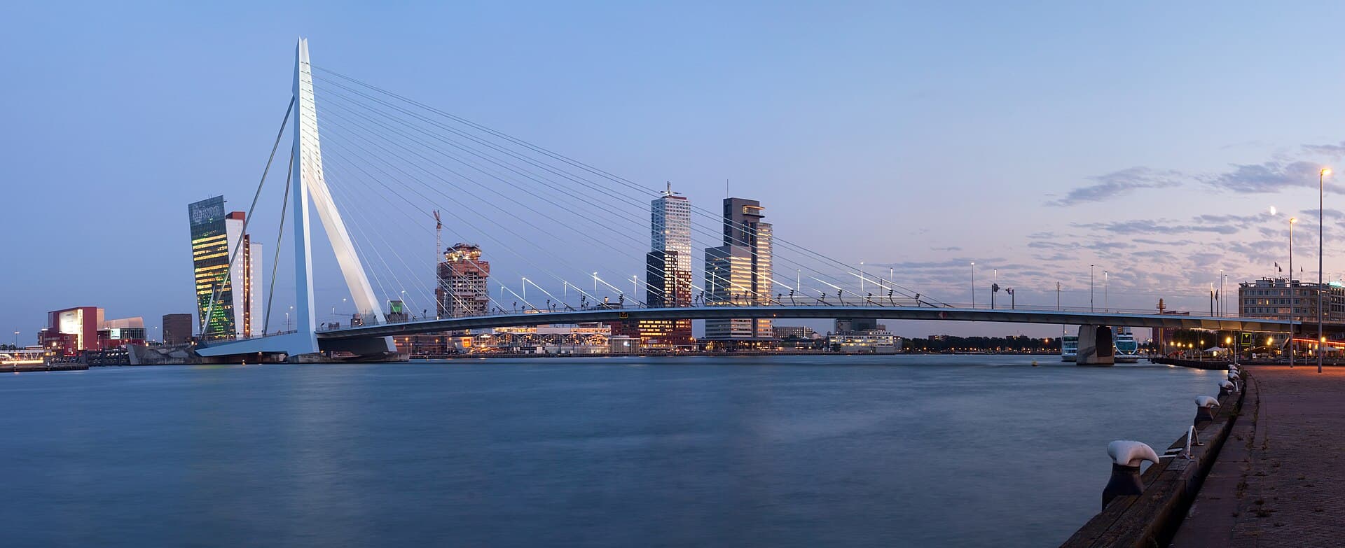 Panoramă a orașului Rotterdam, cu podul Erasmus și clădirile de pe malul apei. (Foto: Massimo Catarinella / CC BY 3.0, Wikimedia Commons)